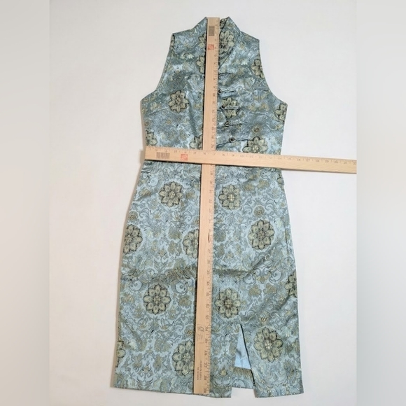 Vintage 90s Blue Floral Cheongsam Qipao Dress Fitted Sleeveless Chinese Lunar - Picture 12 of 16